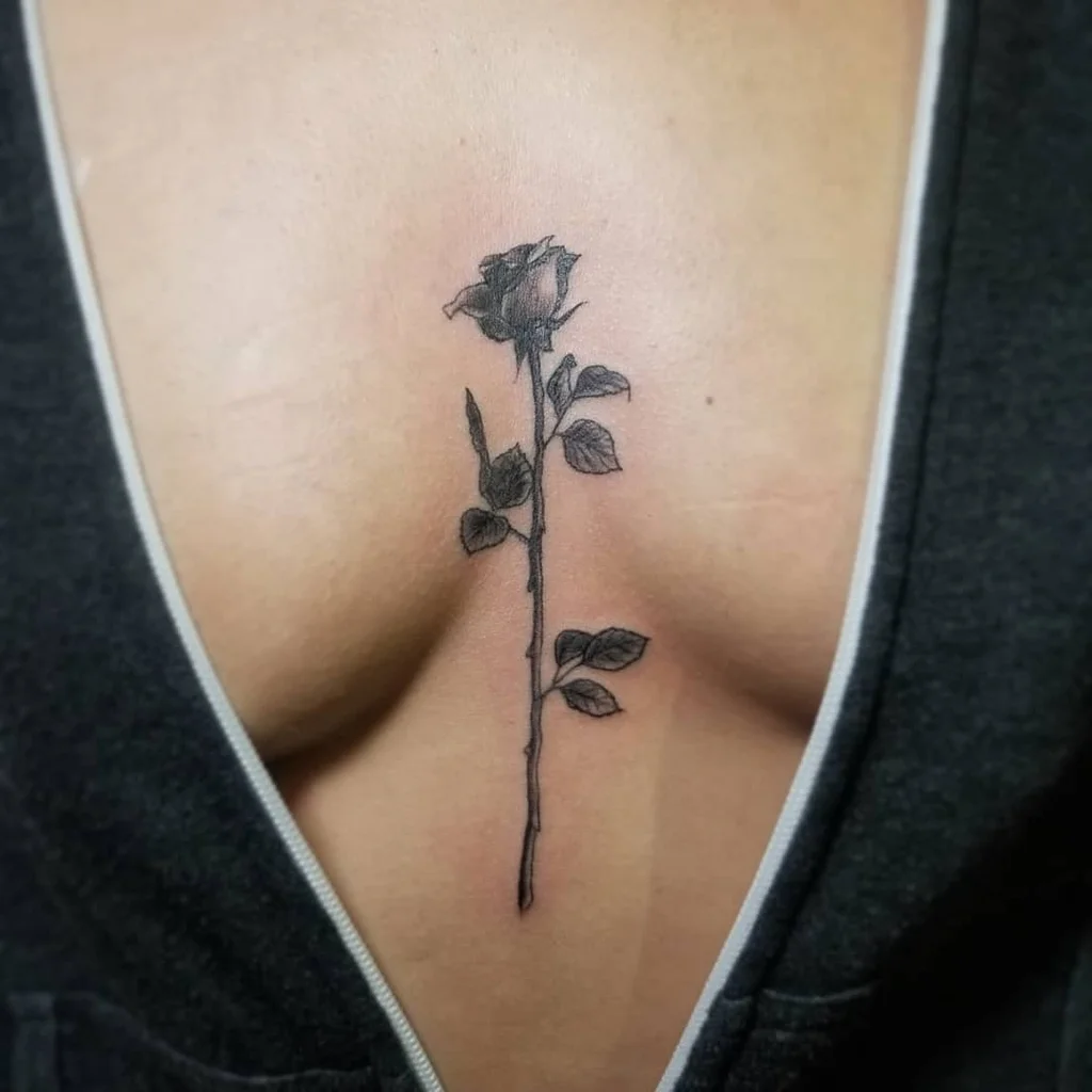 Chest Tattoo Female Rose Stem