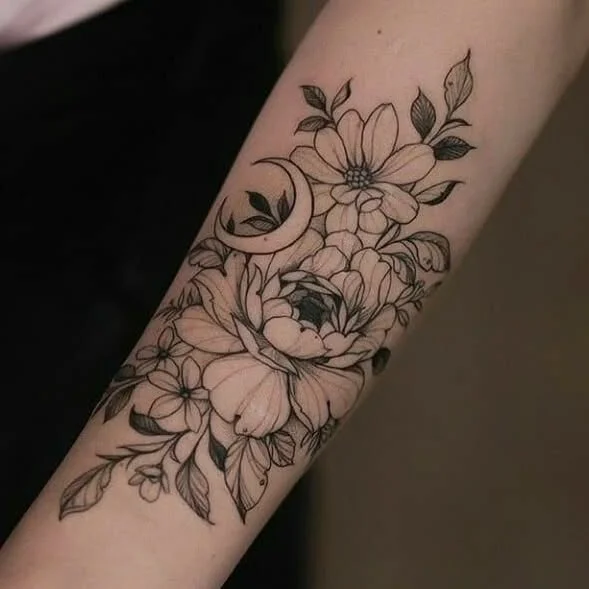 Floral Moon Forearm Tattoo Women