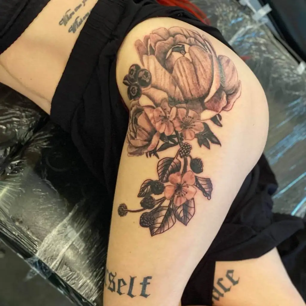 Black and Pink Floral Hip Tattoos Women