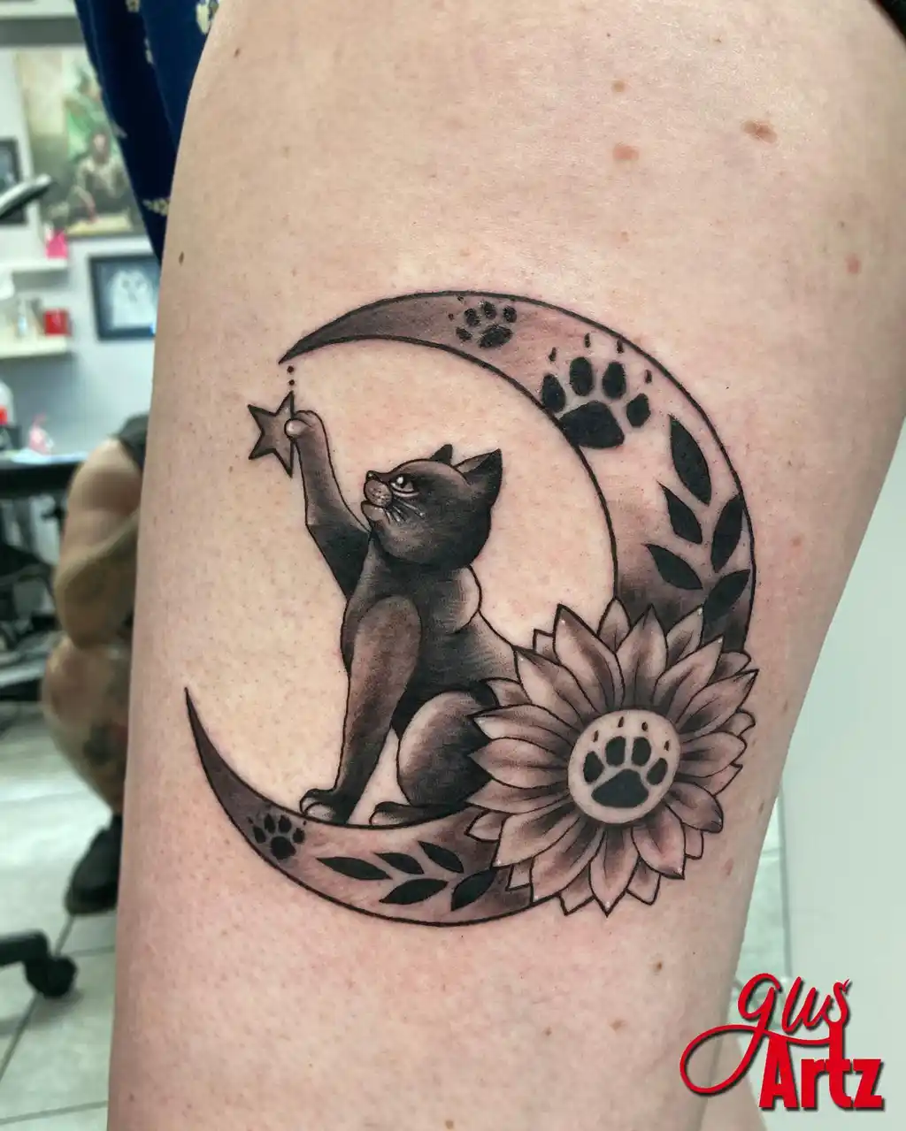 Crescent Cat Thigh Tattoos for Women