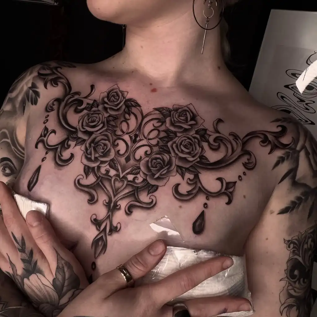 Chest Tattoo Female Rose Scrollwork