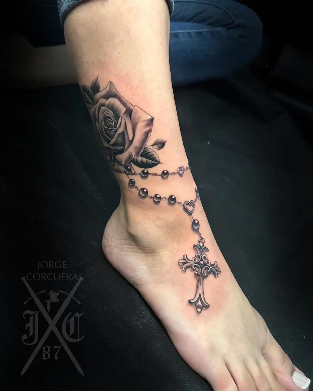 Rosary and Rose Foot Tattoos for Women