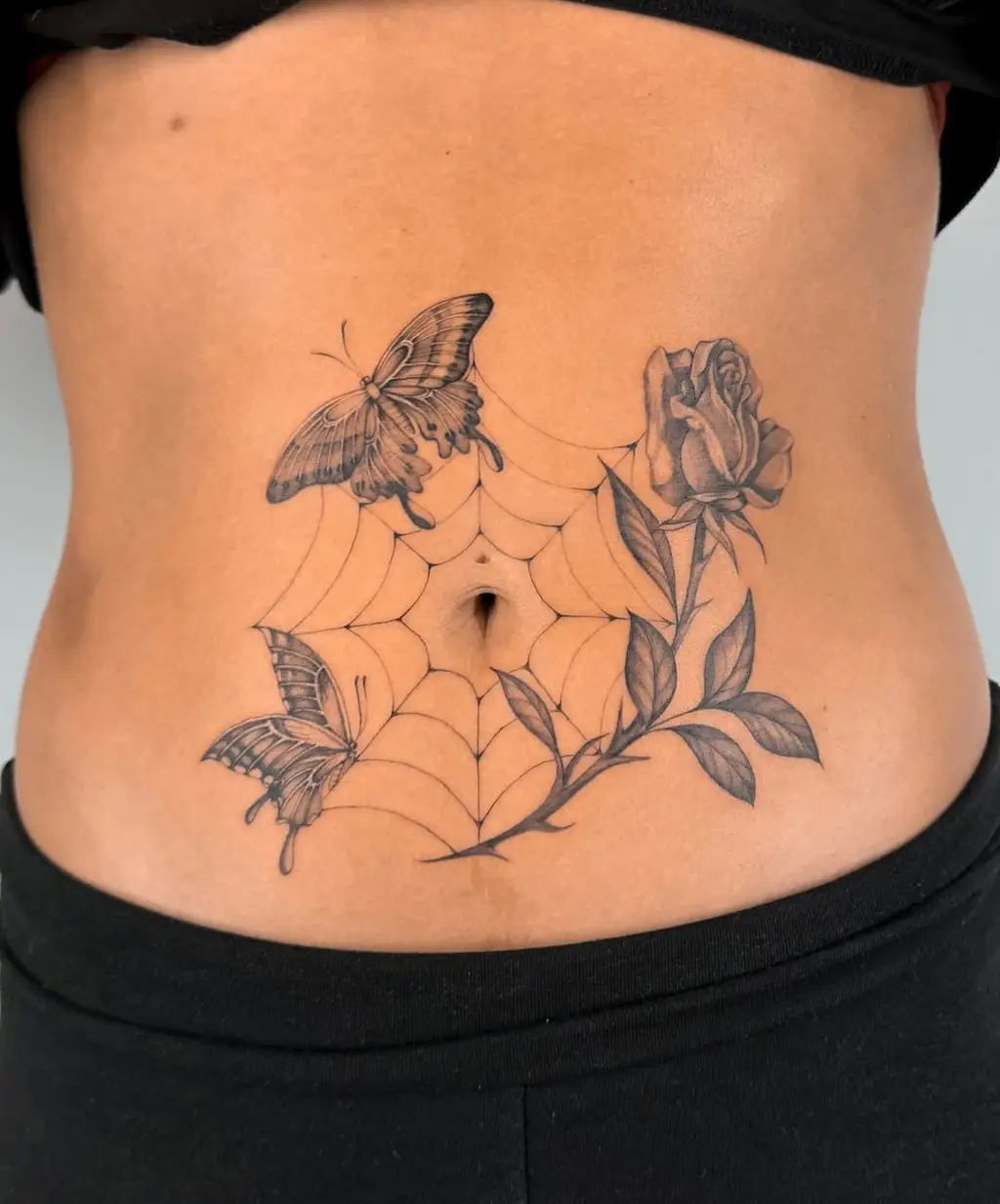 Web Rose Butterfly Stomach Tattoos Women