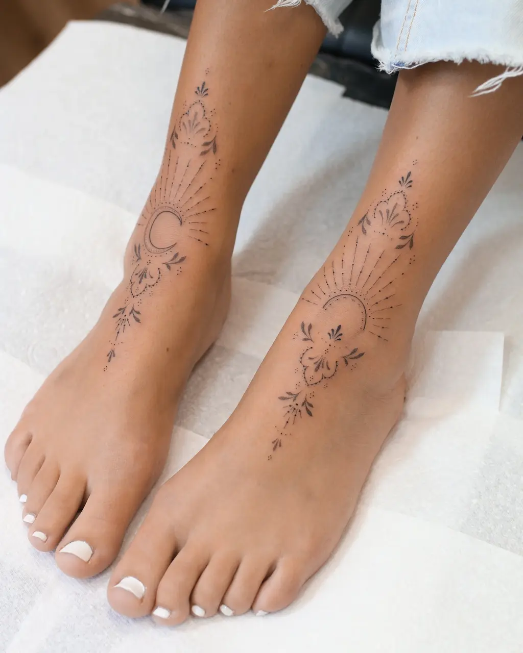 Ornamental Moon Ankle Tattoos for Women