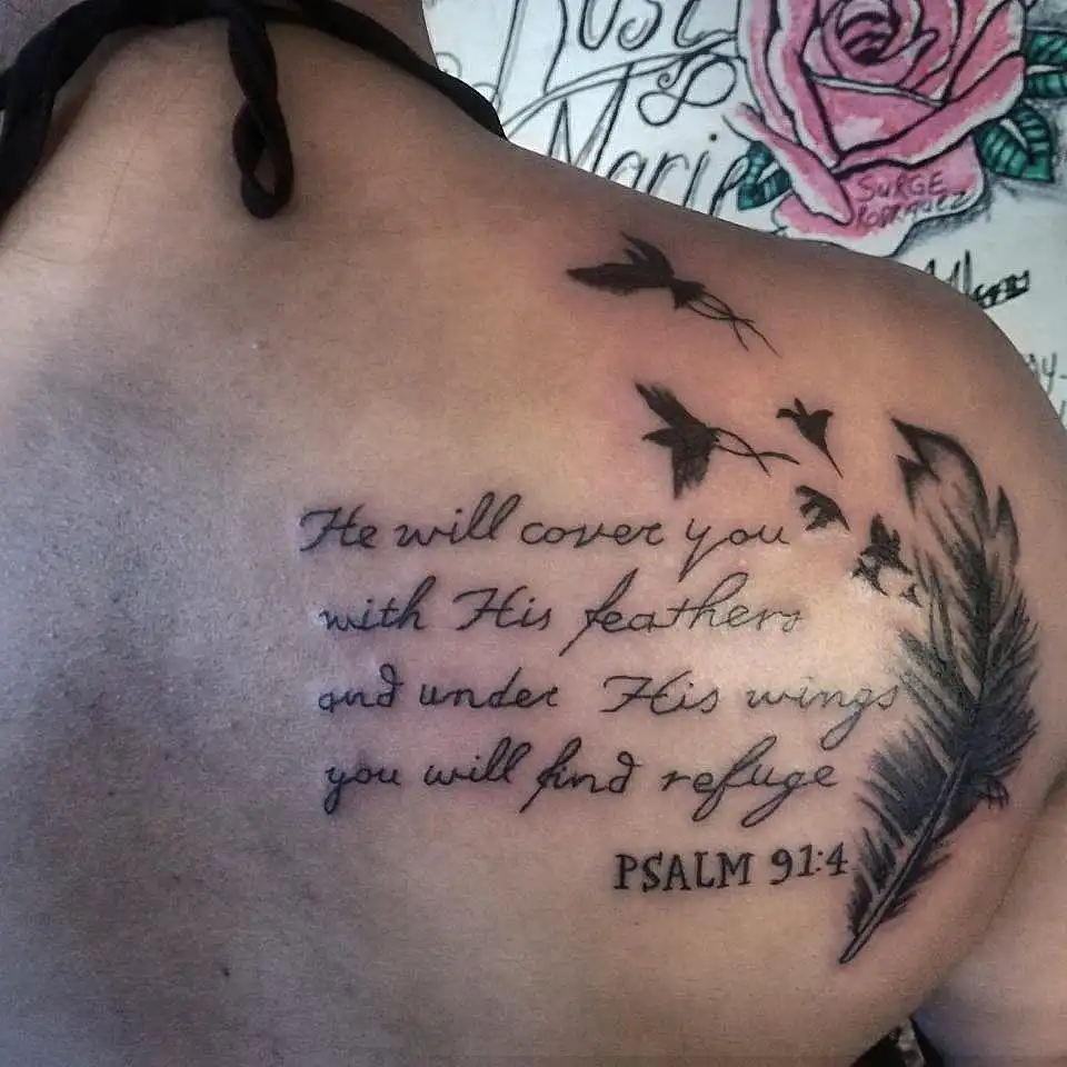 Scripture Back Shoulder Tattoos for Women