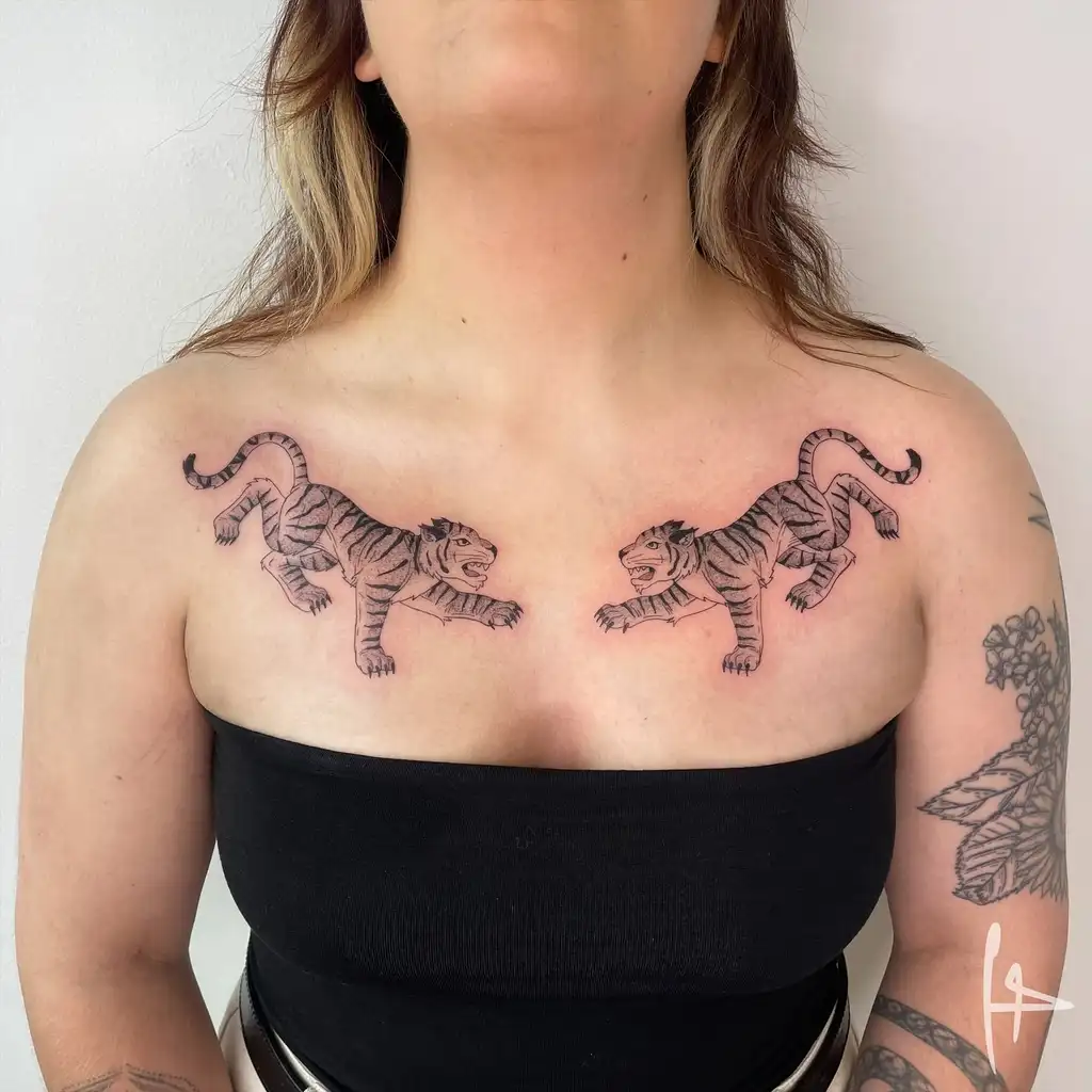 Twin Tiger Collarbone Tattoos for Women