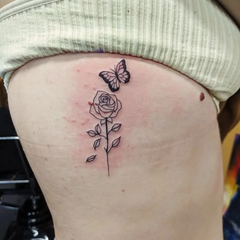 Rose and Butterfly Rib Tattoos for Women