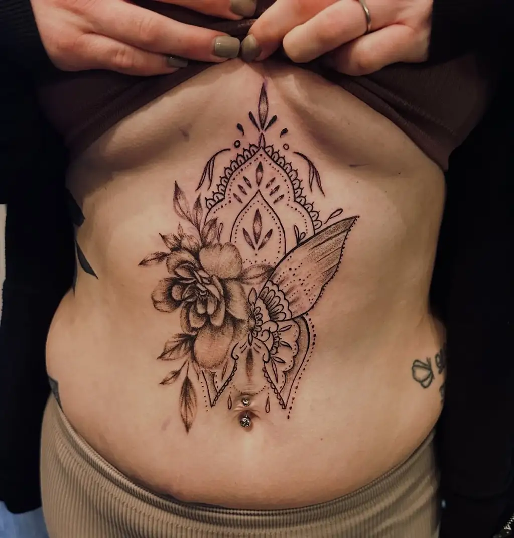 Mandala Floral Fusion Stomach Tattoos Women