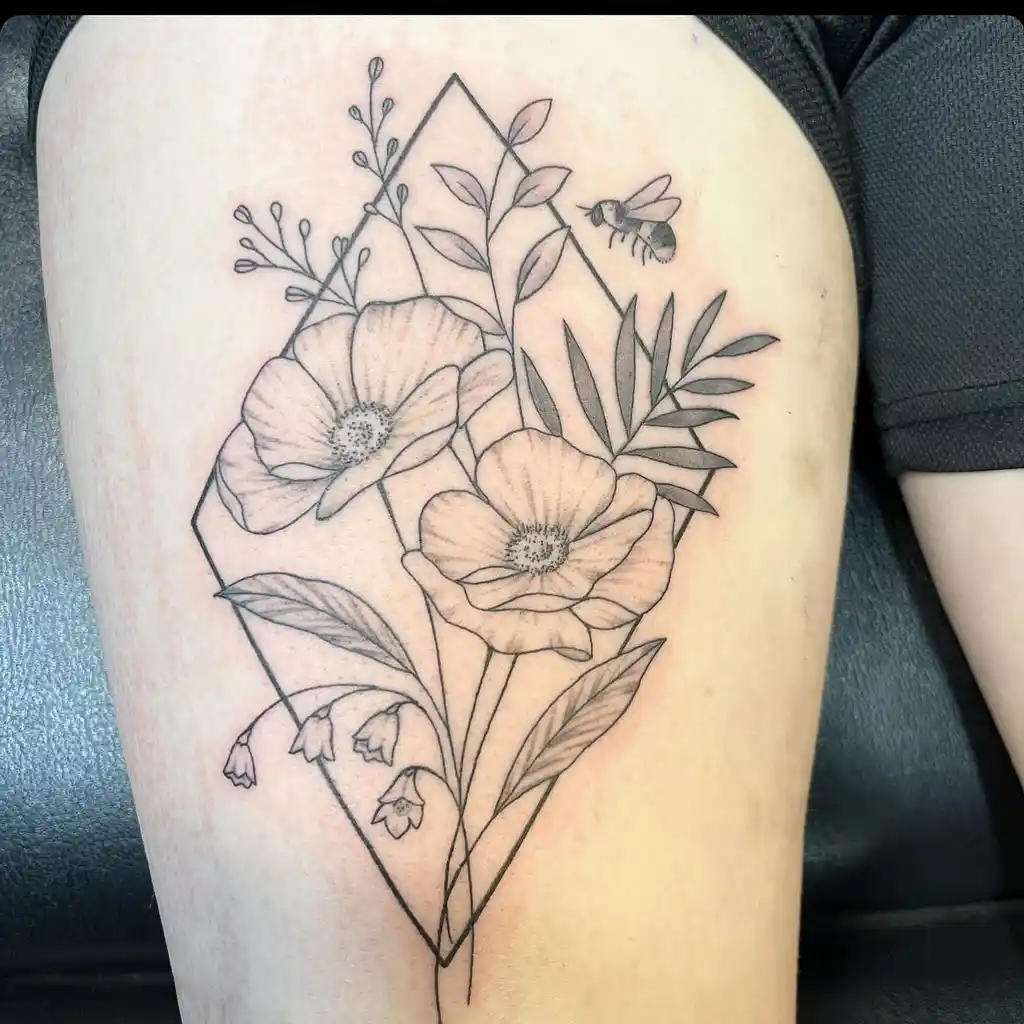 Botanical Bee Thigh Tattoos for Women