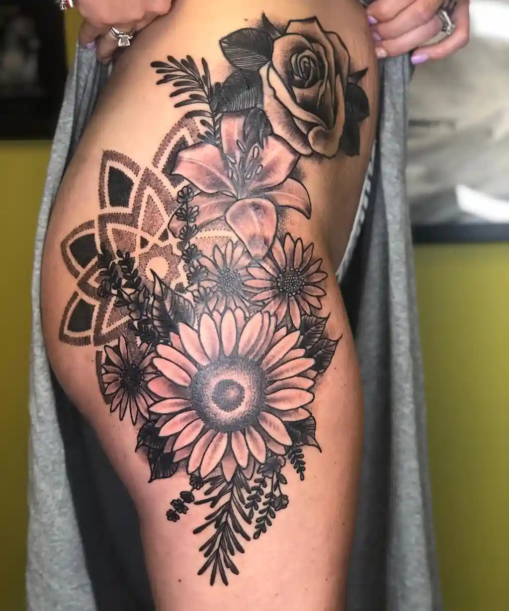 Large Floral Mandala Blend Hip Tattoos Women