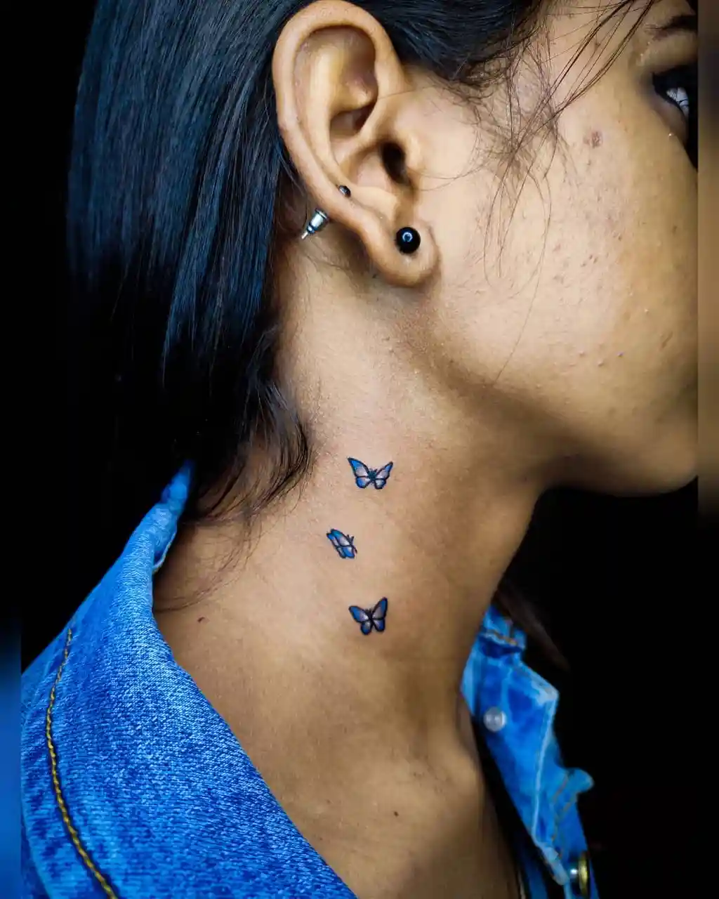 Blue Butterfly Neck Tattoo Women