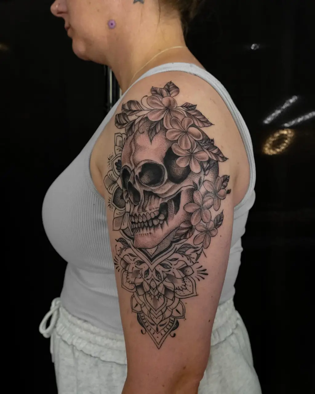 Skull Blossom Upper Arm Tattoos for Women
