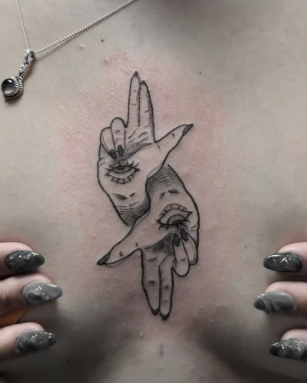 Chest Tattoo Female Eye Hand Design
