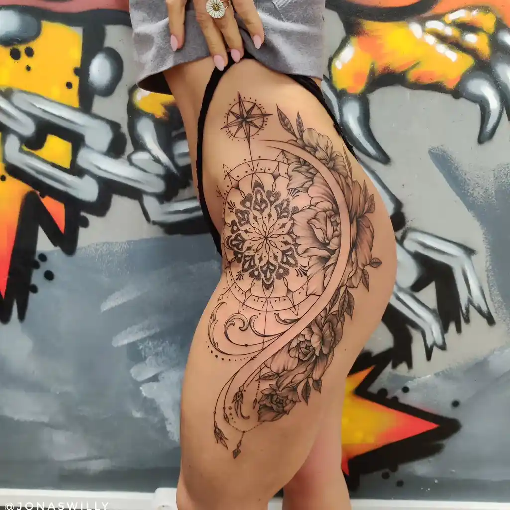 Compass and Mandala Floral Trail Hip Tattoos Women