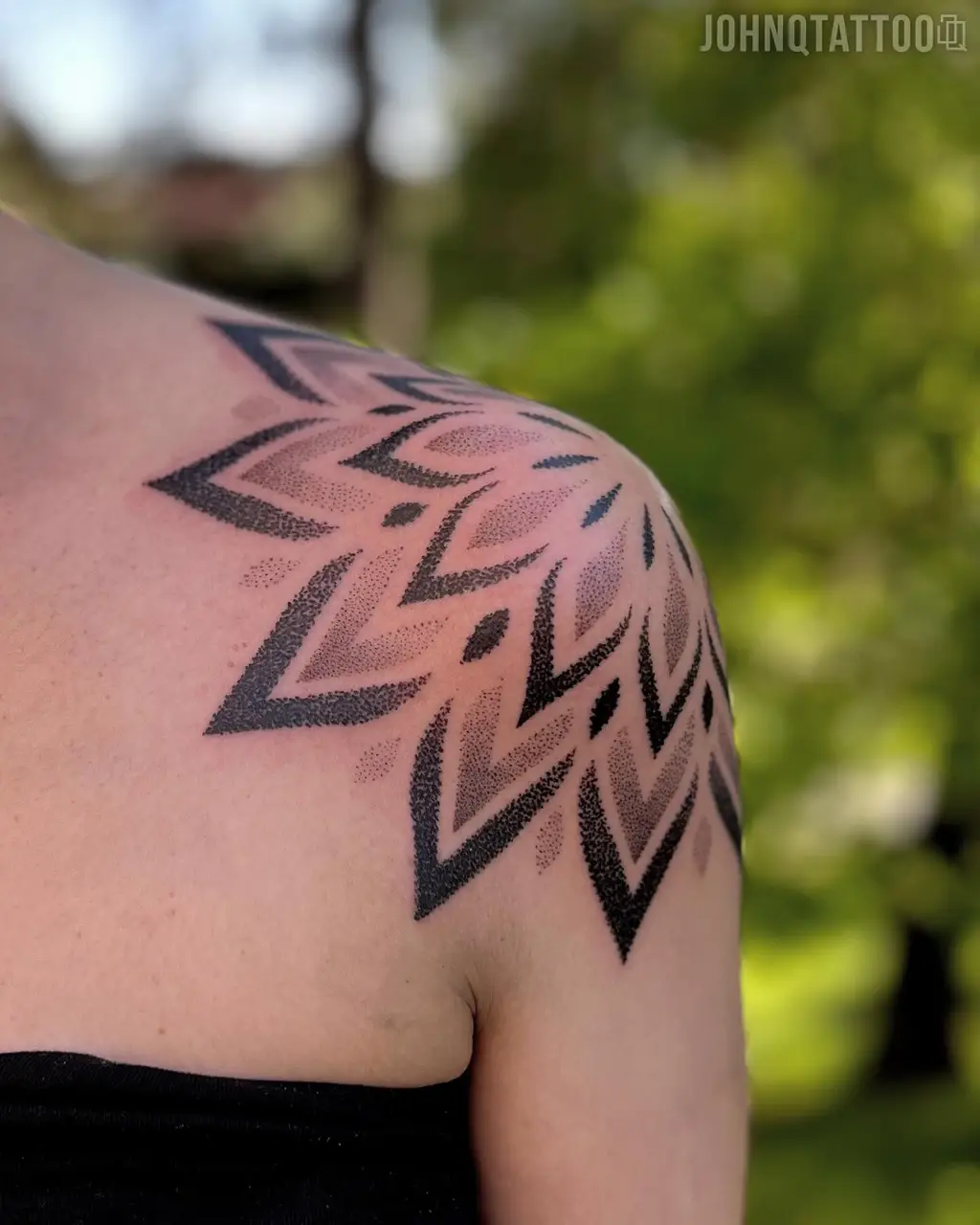 Geometric Dotwork Mandala Shoulder Tattoos for Women