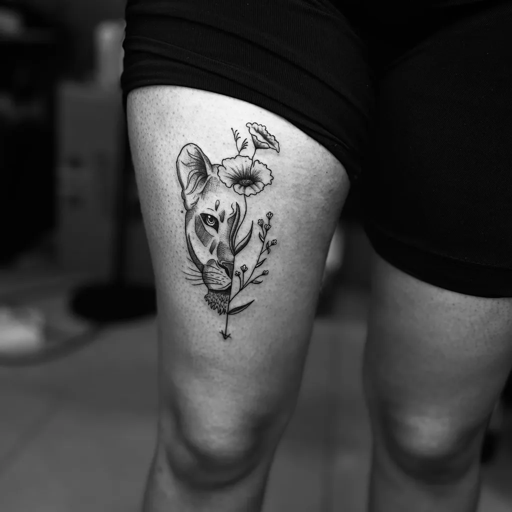 Fierce Floral Lioness Thigh Tattoos for Women