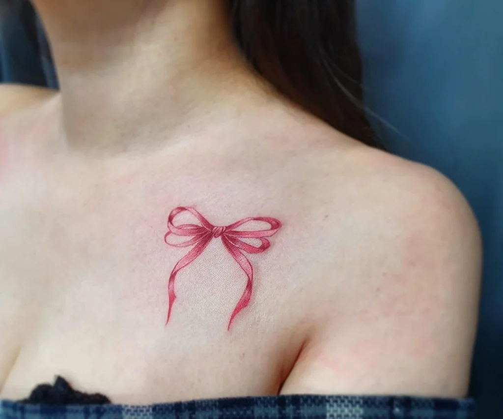 Delicate Pink Bow Shoulder Tattoos for Women