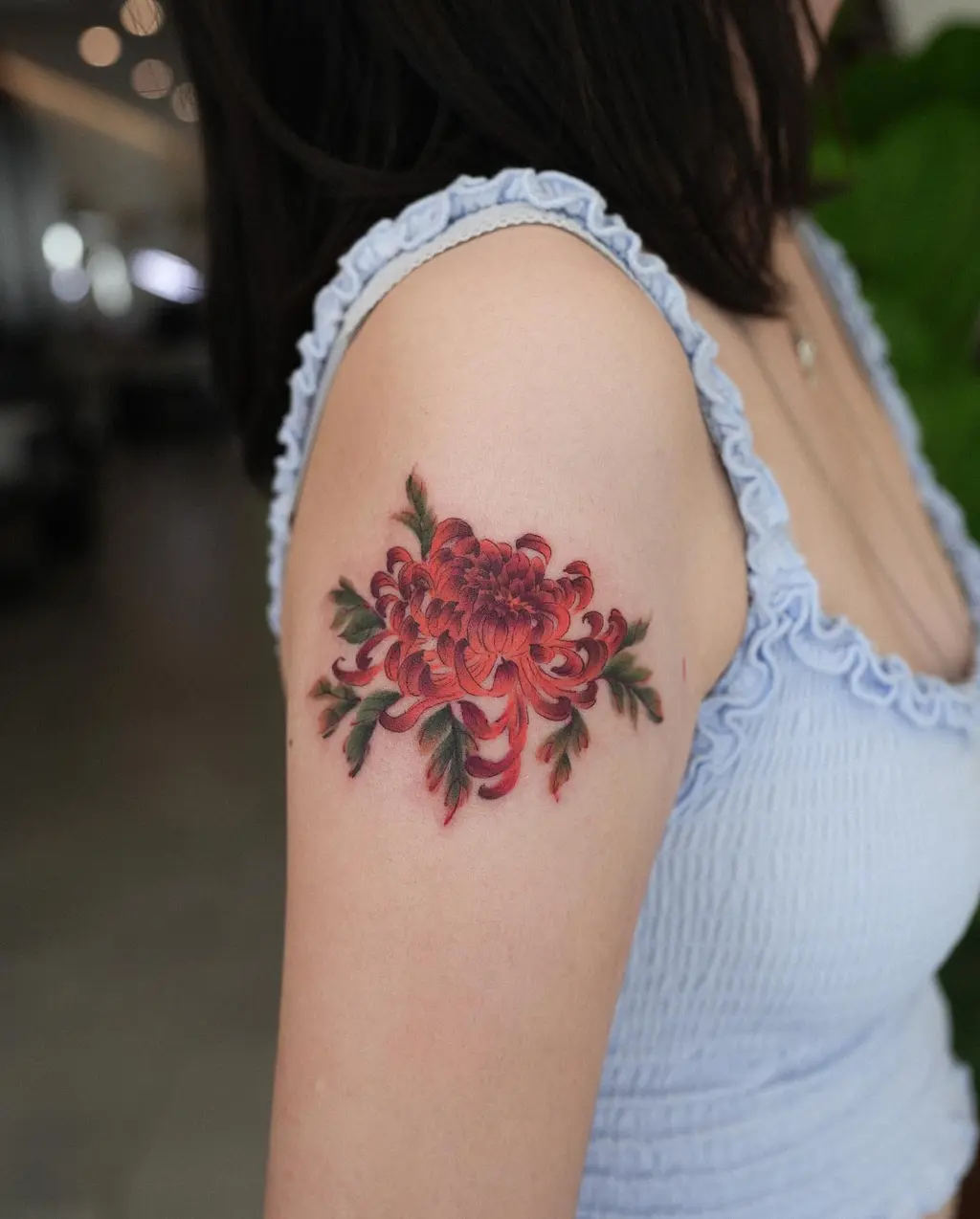 Red Chrysanthemum Upper Arm Tattoos for Women