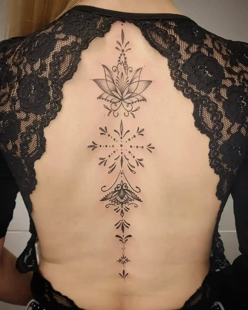 Ornamental Spine Mandala Back Tattoo for Women