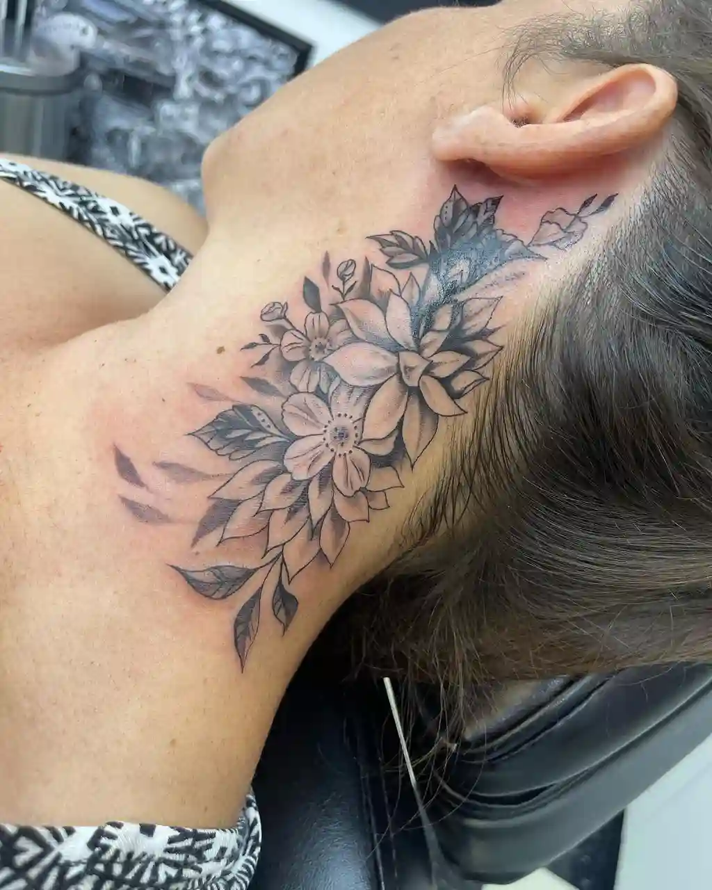Detailed Floral Neck Tattoo Women
