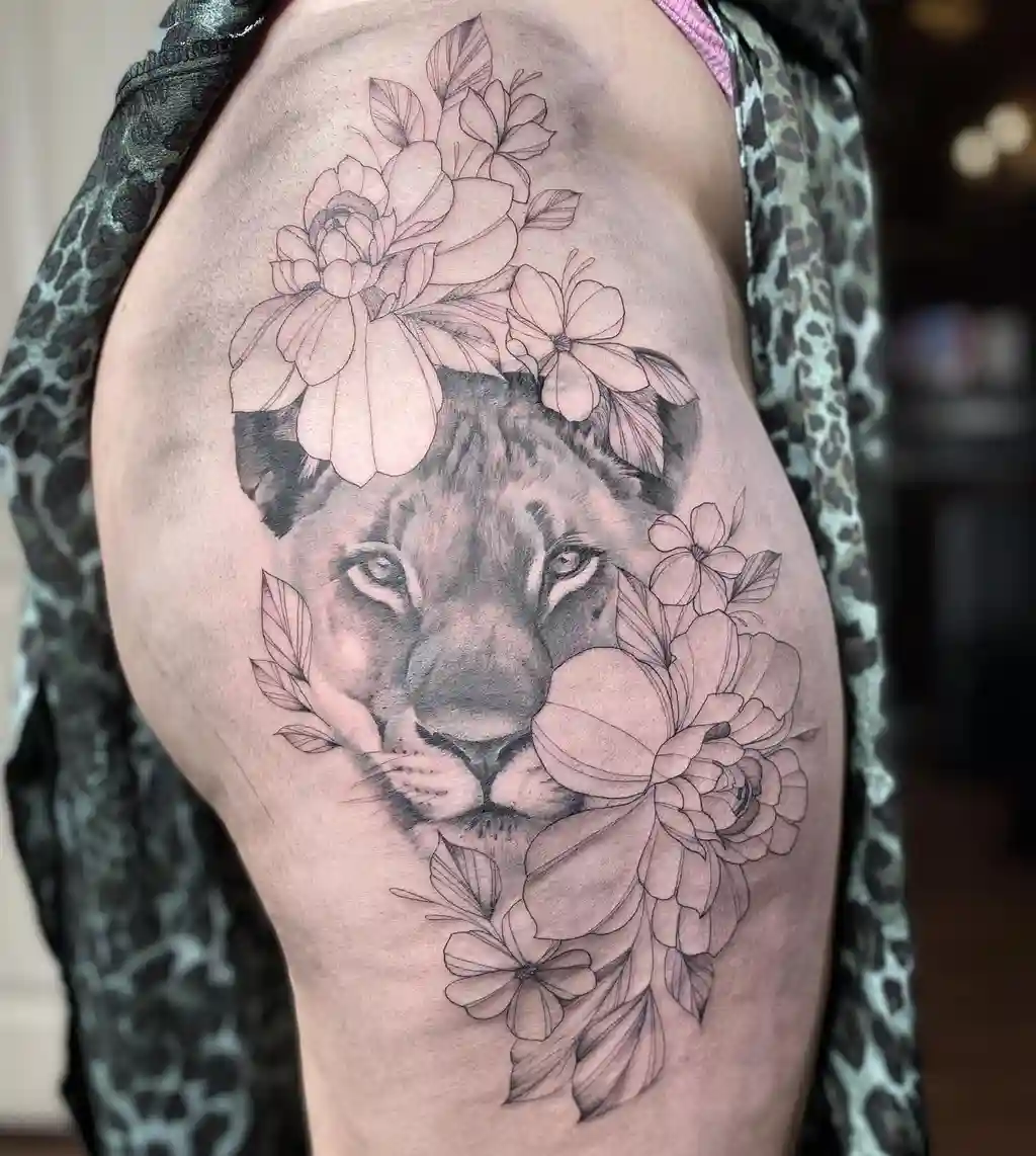 Lioness Floral Thigh Tattoos for Women