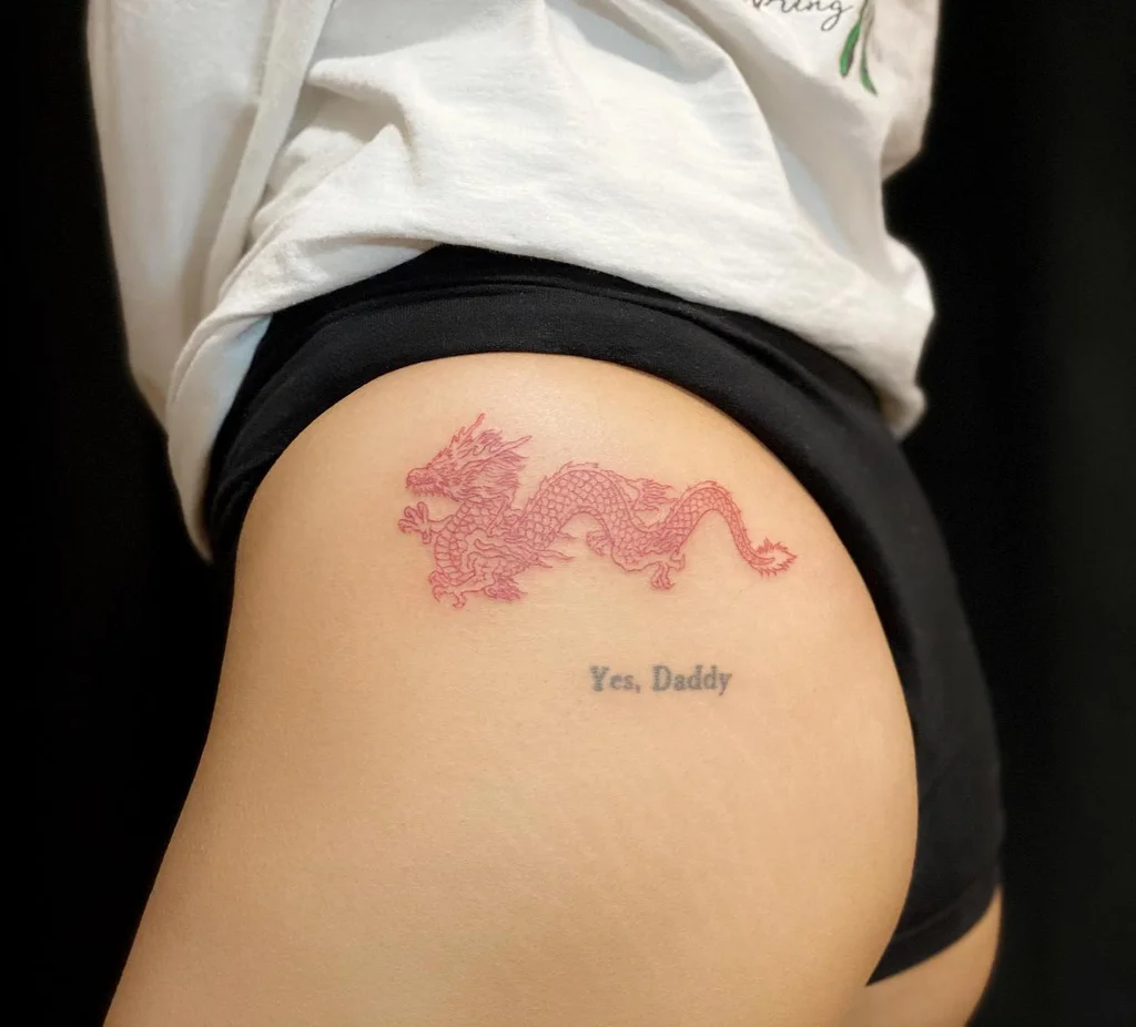 Red Dragon and Text Hip Tattoos Women
