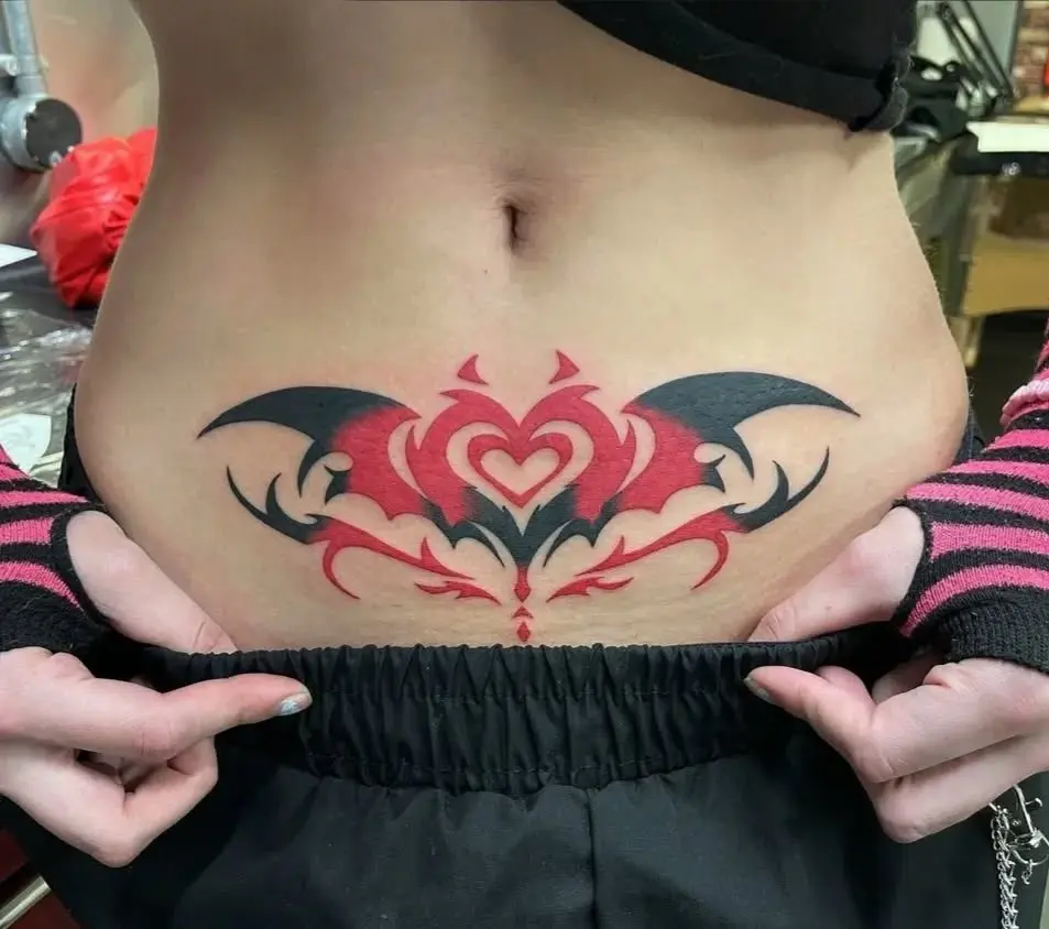 Red Black Heart Tribal Stomach Tattoos Women