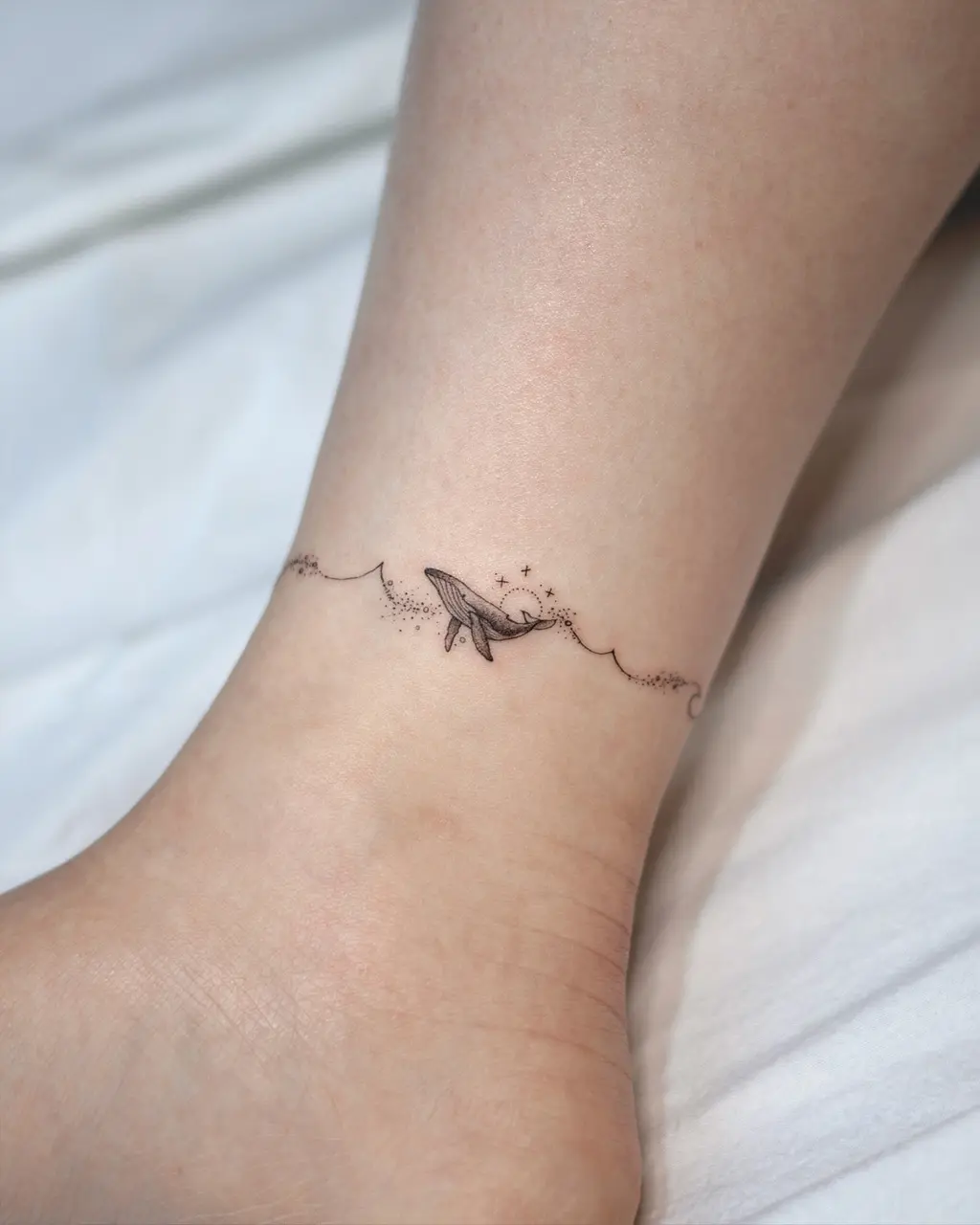Whale in Waves Ankle Tattoos for Women