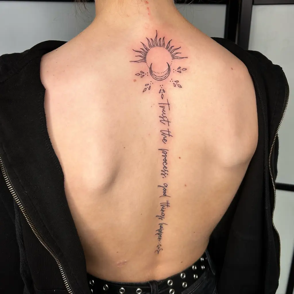 Cosmic Sun & Script Back Tattoo for Women