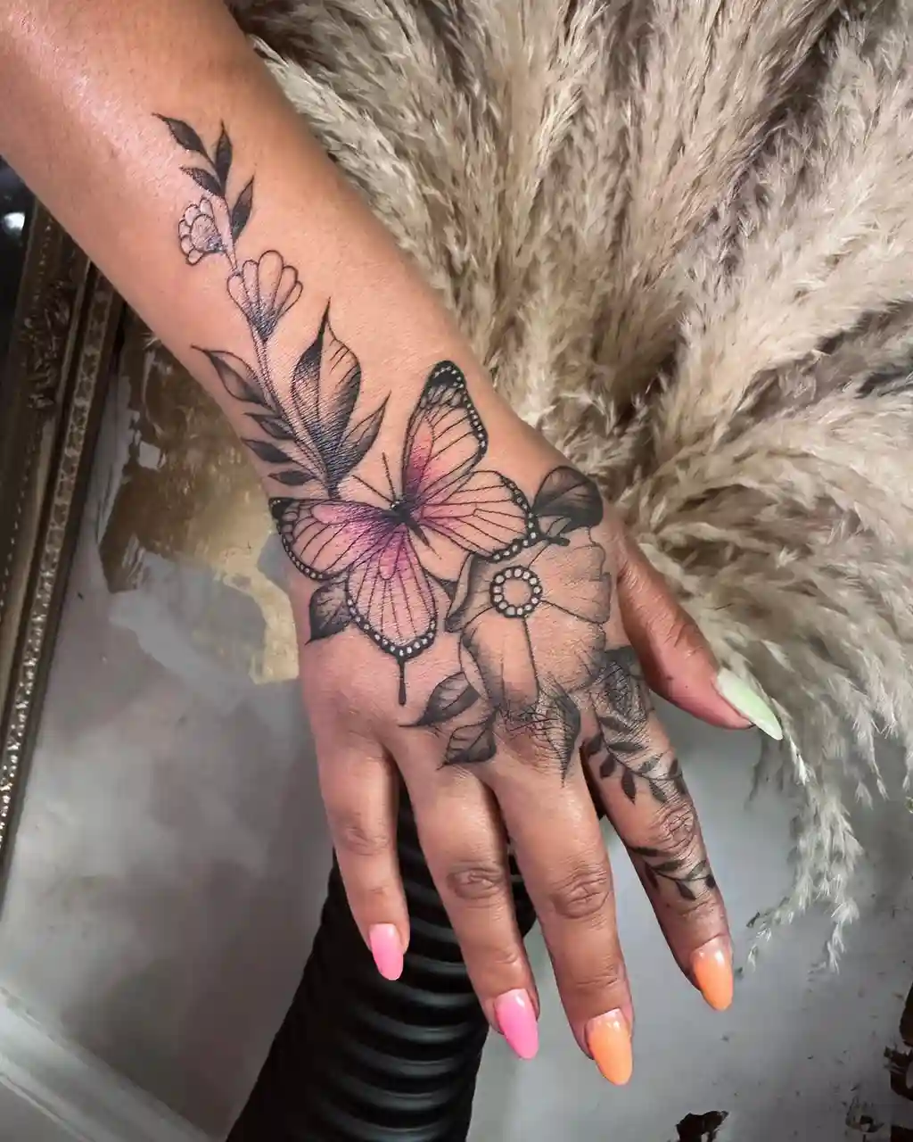 Floral Butterfly Hand Tattoos for Women