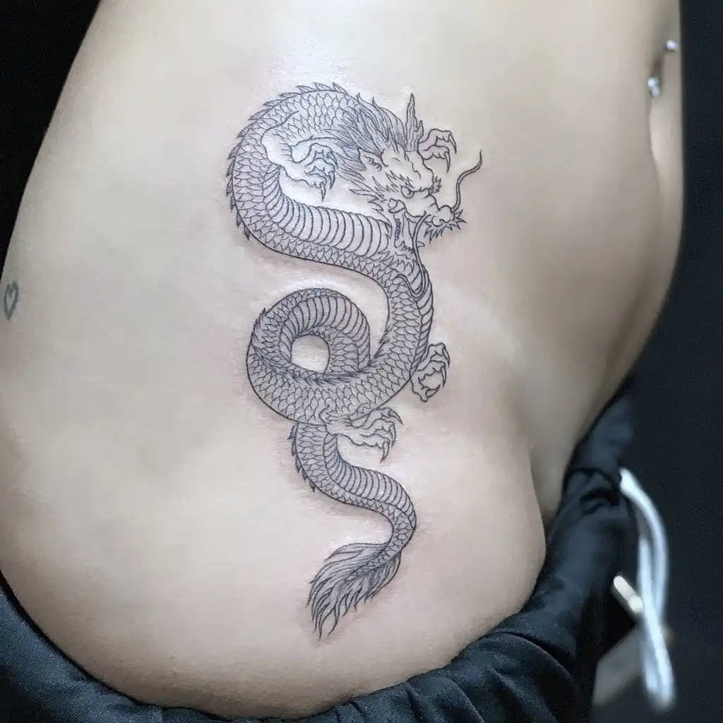 Thin Line Dragon Hip Tattoos Women
