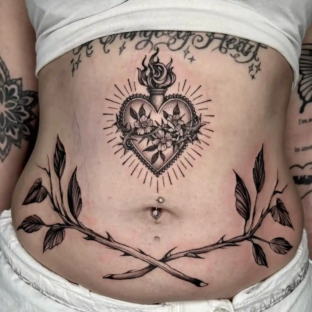 Sacred Heart Branch Stomach Tattoos Women