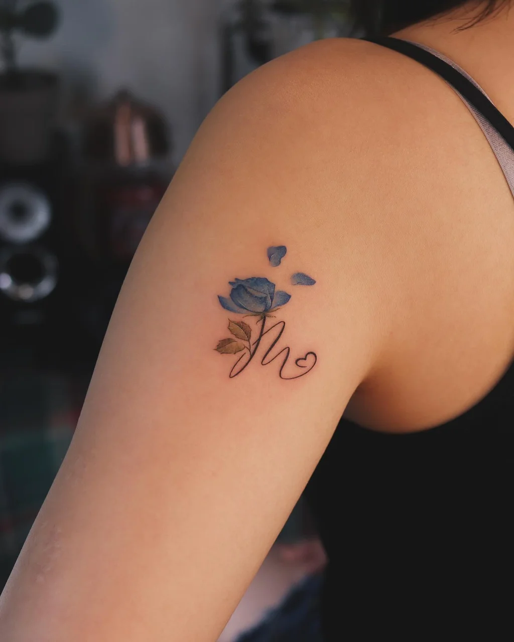 Blue Rose Initial Upper Arm Tattoos for Women