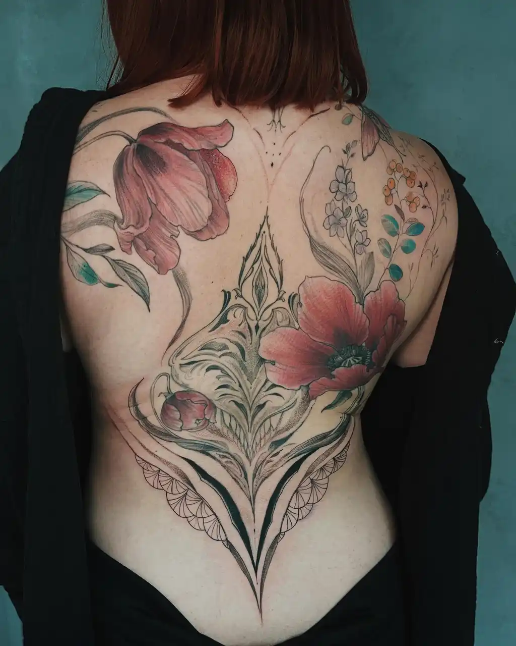 Watercolor Floral Statement Back Tattoo for Women