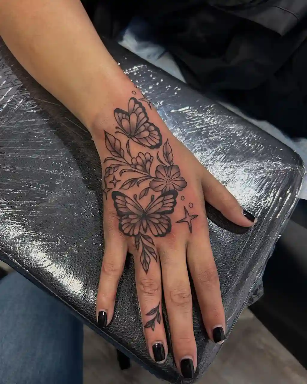 Black Ink Butterfly Hand Tattoos for Women