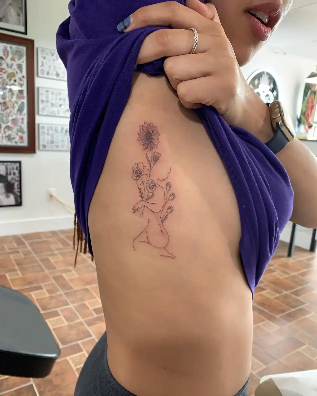 Blooming Feminine Silhouette Rib Tattoos for Women