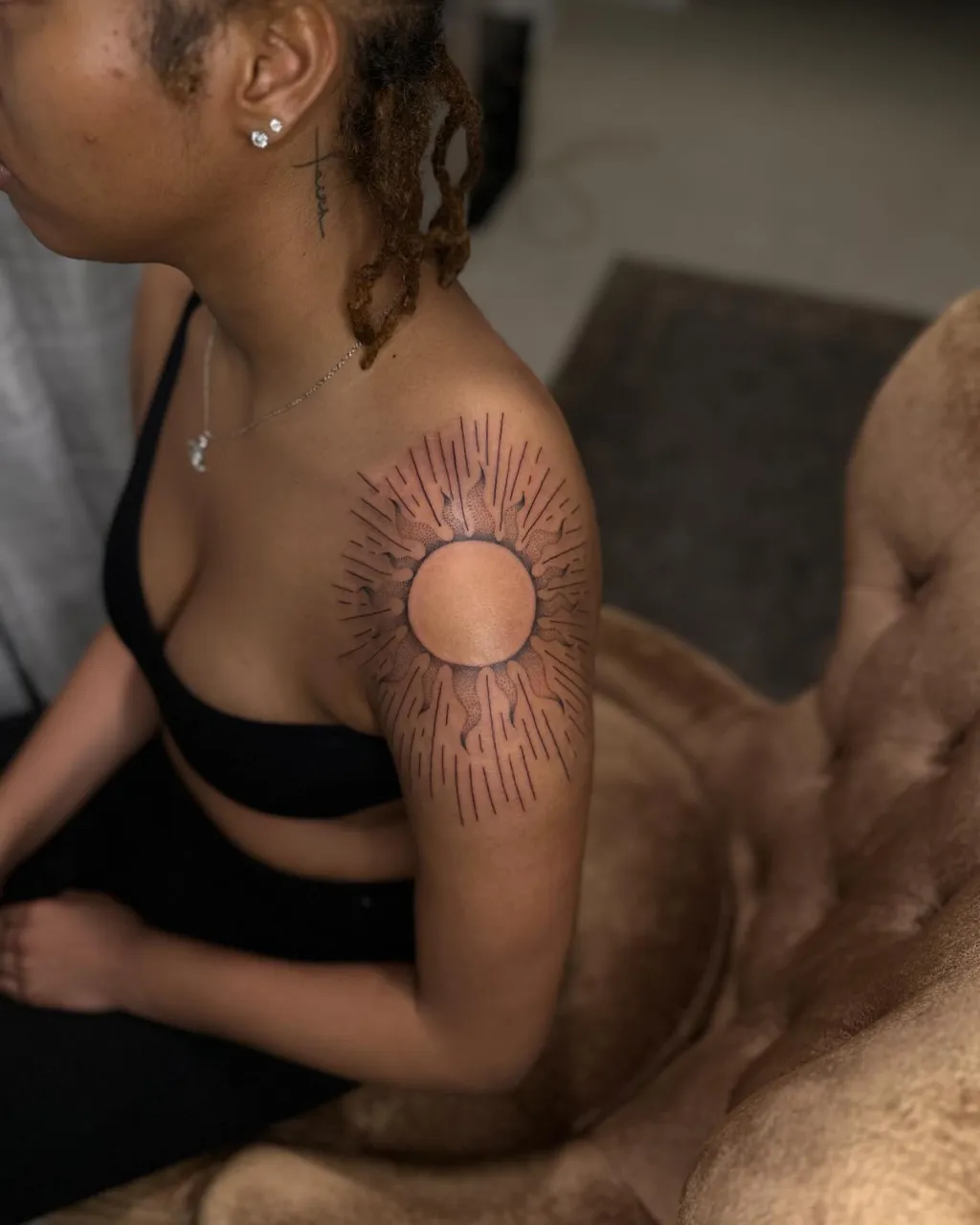 Abstract Solar Burst Shoulder Tattoos for Women
