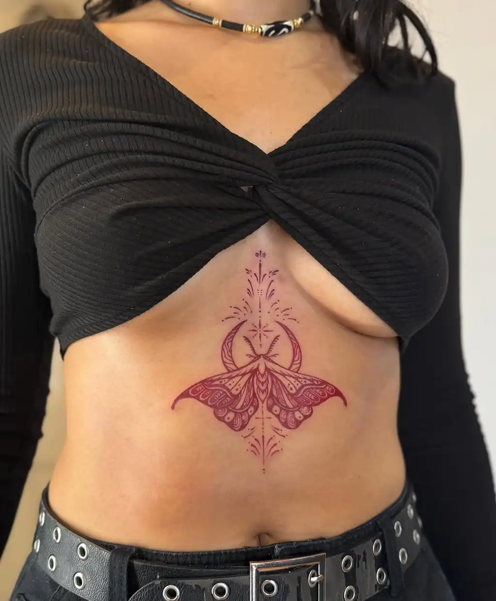 Red Ink Moth Stomach Tattoos Women