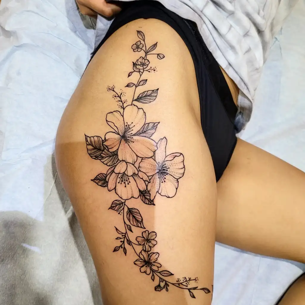 Elegant Blossom Thigh Tattoos for Women