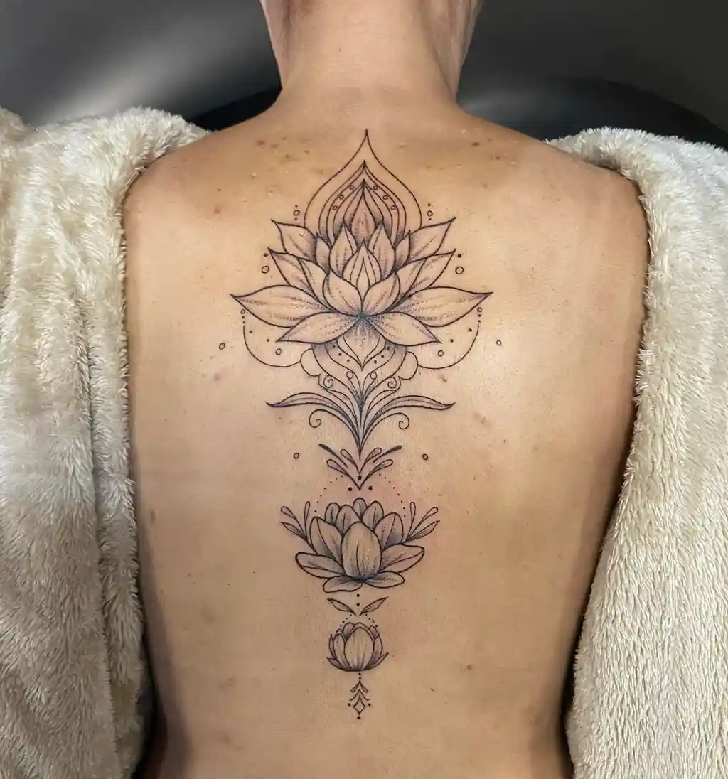 Blooming Lotus Spine Back Tattoo for Women