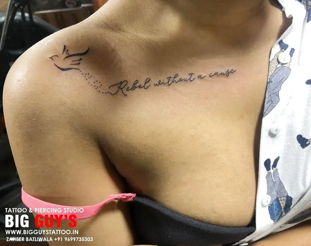 Chest Tattoo Female Script and Bird