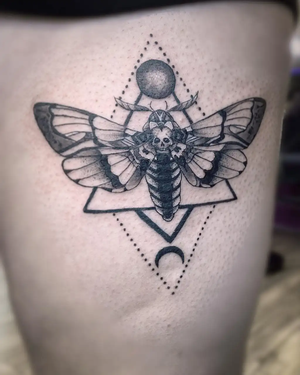 Geometric Moth Thigh Tattoos for Women
