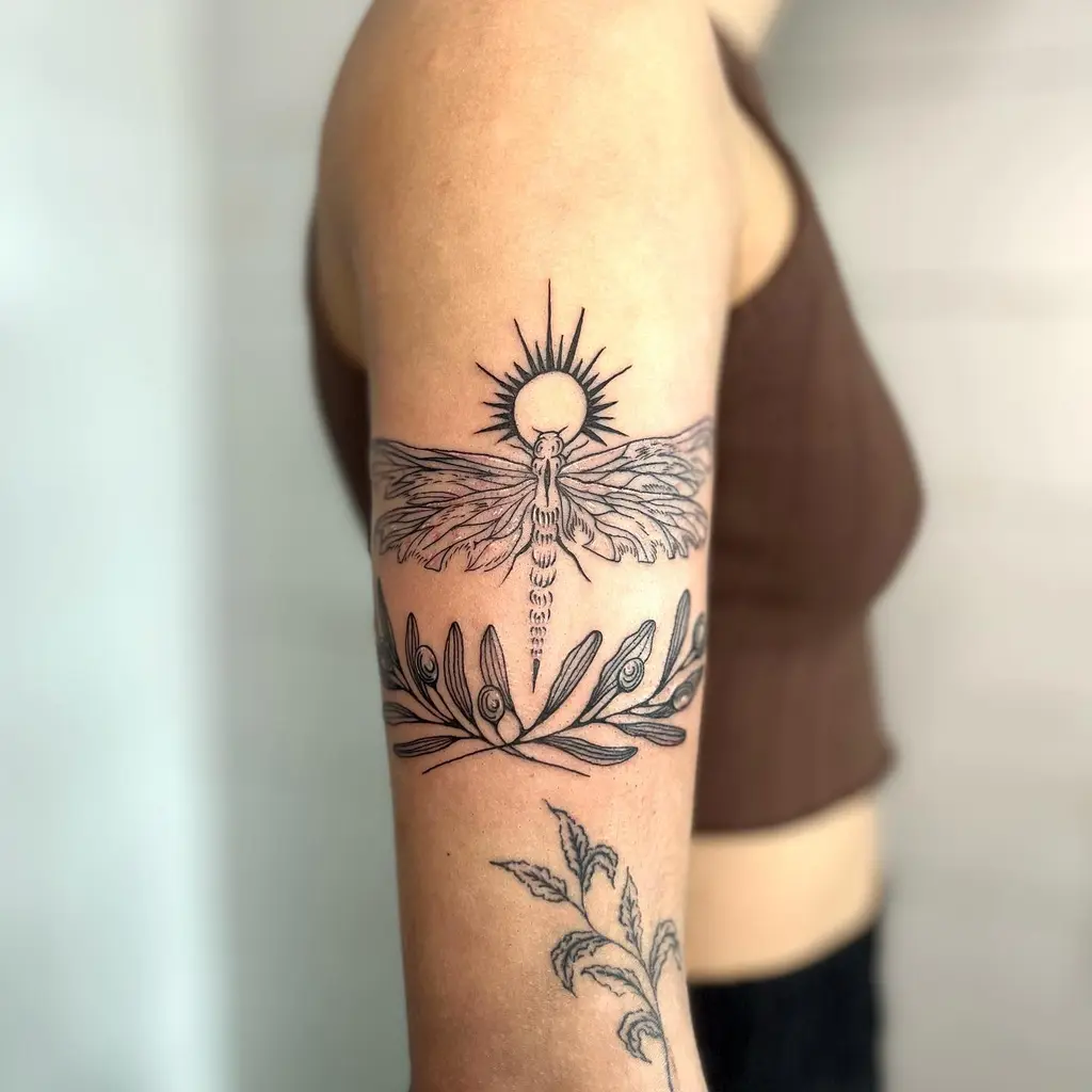 Sunlit Dragonfly Upper Arm Tattoos for Women
