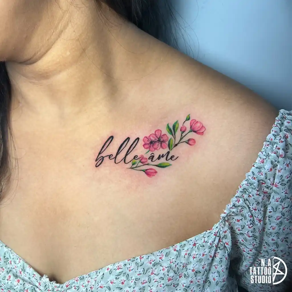 Floral Script Collarbone Tattoos for Women