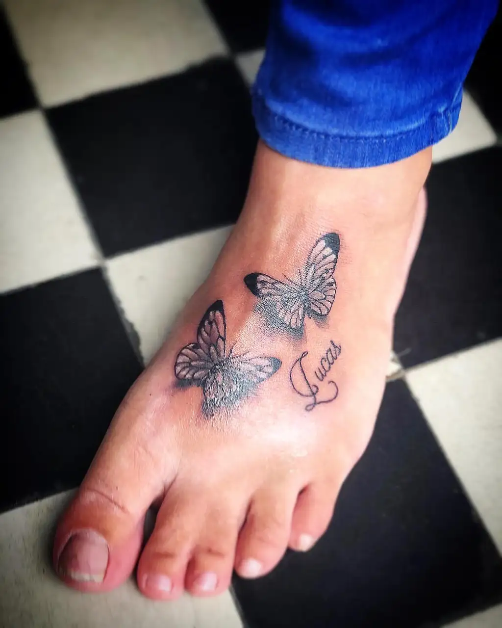 Butterfly and Name Foot Tattoos for Women