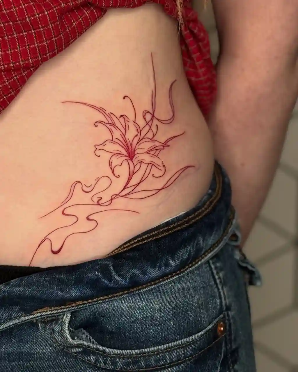 Red Ink Lily Flow Hip Tattoos Women