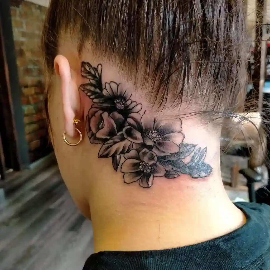 Black Floral Neck Tattoo Women