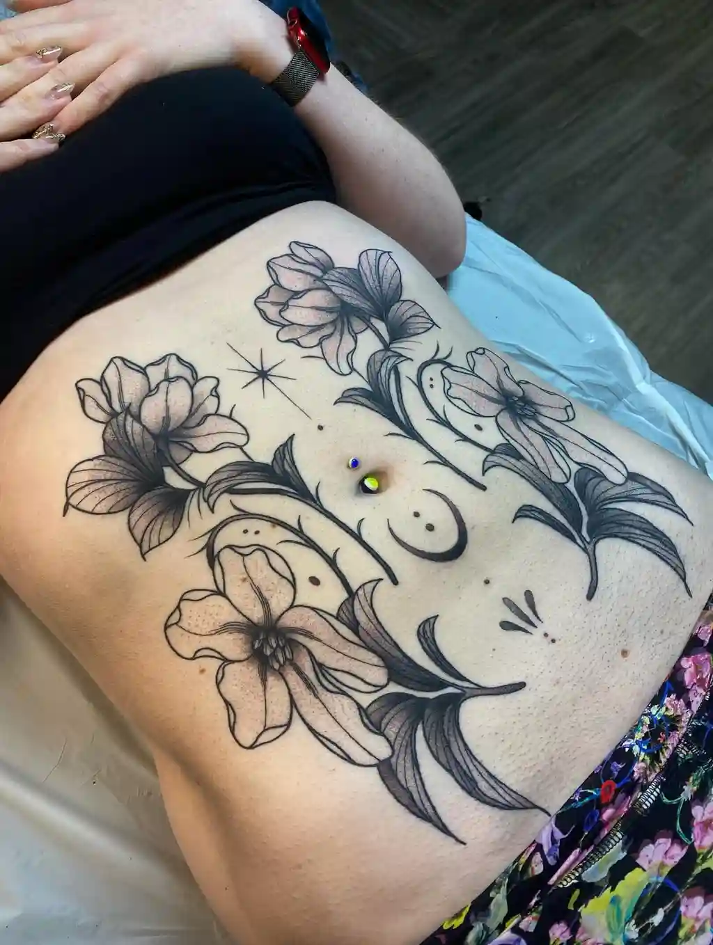 Star and Flowers Stomach Tattoos Women