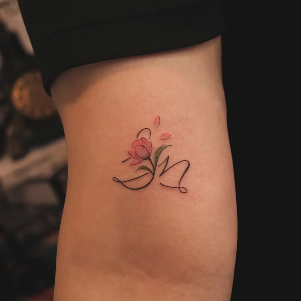 Pink Tulip Initial Upper Arm Tattoos for Women