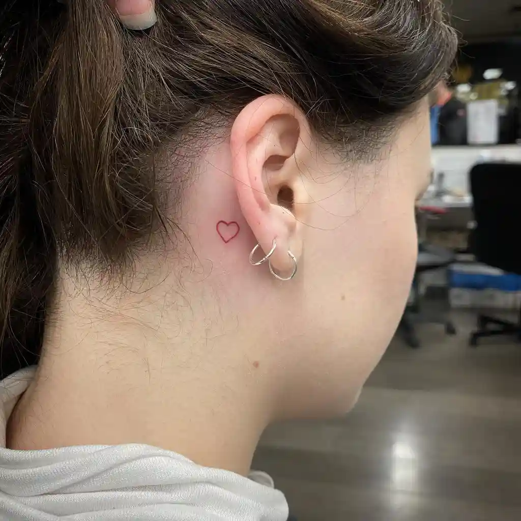 Red Heart Outline Behind Ear Tattoos for Women
